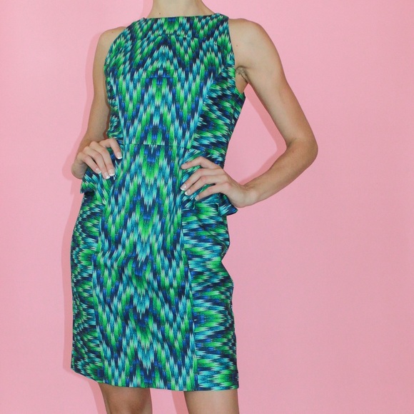 MILLY Green/Blue Geometric Sleeveless Peplum Sheath Dress - US 4 - Picture 3 of 13